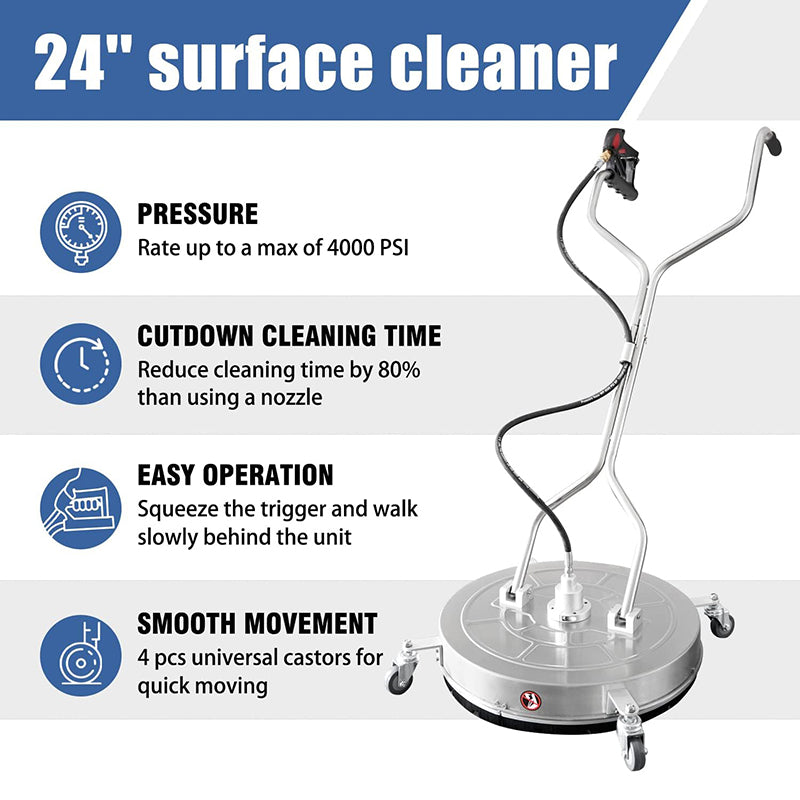 24'' Dual Handle Pressure Washer Surface Cleaner with 4 Wheels Stainless Steel Housing 4 Replacement Nozzle Cores and 2 Hose Adapters
