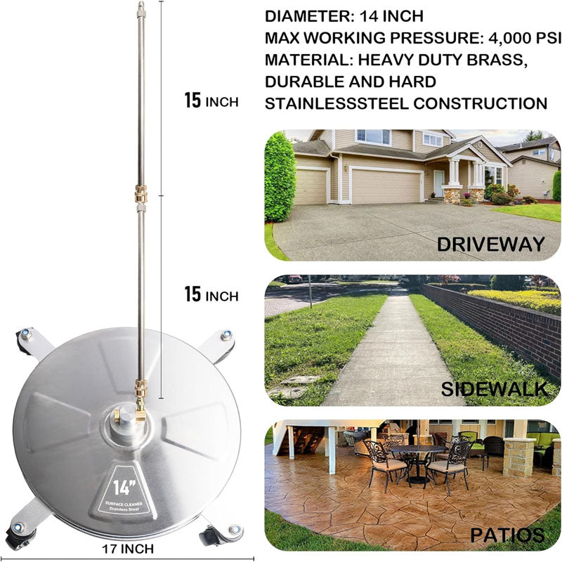 14 inch Pressure Washer Surface Cleaner with wheels 1/4" Quick-Connect Connector w/ 2 Extension Wand  For Floor Driveway Patio