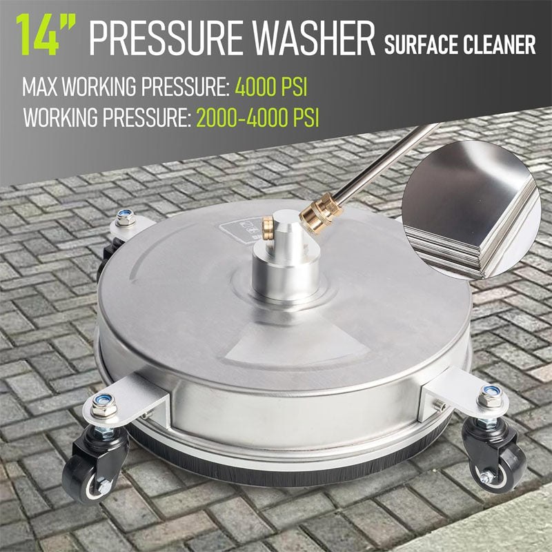 14 inch Pressure Washer Surface Cleaner with wheels 1/4" Quick-Connect Connector w/ 2 Extension Wand  For Floor Driveway Patio