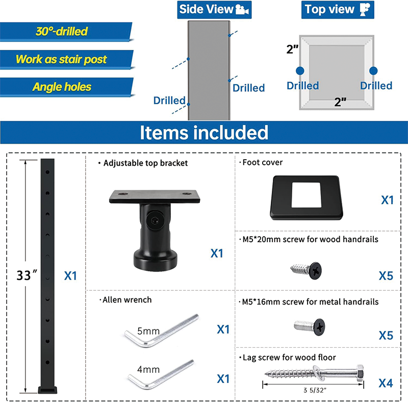 Railing Post Level Deck Stair Post,36"x2"x2",for 25-35 Degrees Stairway Adjustable Top Cable Railing Post Top Mount Stainless Steel Black Finish Wood Concrete Deck,Black