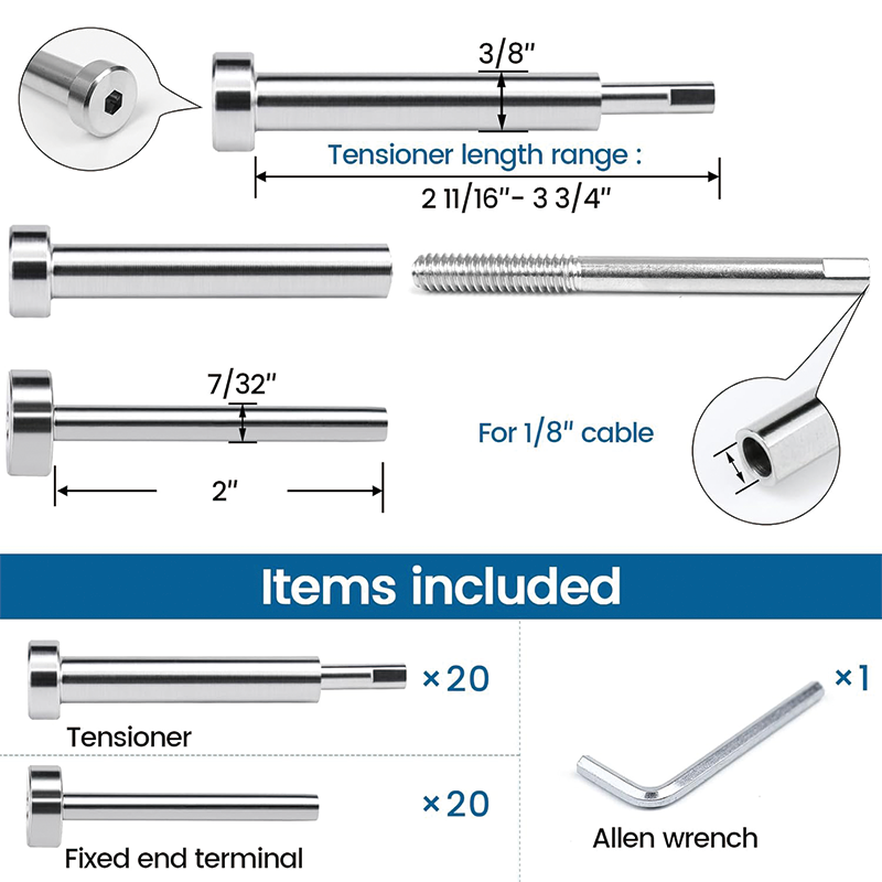 20Pairs Invisible Cable Railing kit,T316 Stainless Steel 1/8" Swage Tensioner,for 2"x2" and 4"x4" Wood Metal Post Deck Stairs