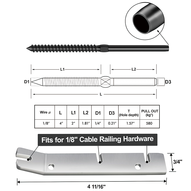 100 Pack Cable Railing Swage Threaded Stud Tension,T316 Stainless Steel Black Right&Left Handed Thread Swage Lag Screws for Wood Posts of 1/8" Black Stair Cable Railing Kit