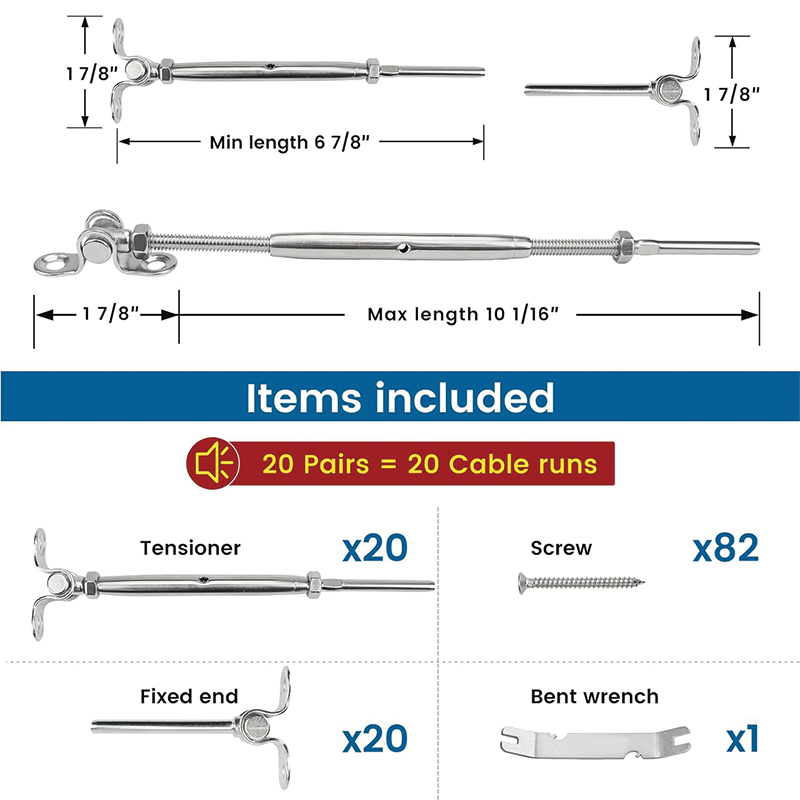 20Pairs T316 Stainless Cable Railing Kit/Hardware for Wood Post,1/8" System Angle 180° Adjustable Stairs Deck,Easy Installation