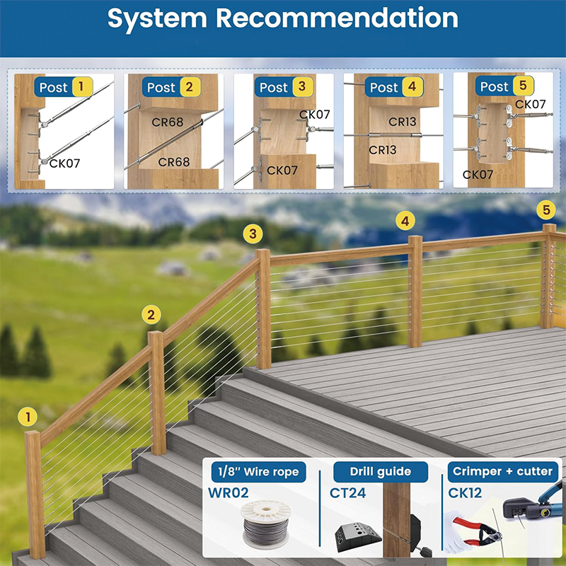 20Pairs T316 Stainless Cable Railing Kit/Hardware for Wood Post,1/8" System Angle 180° Adjustable Stairs Deck,Easy Installation