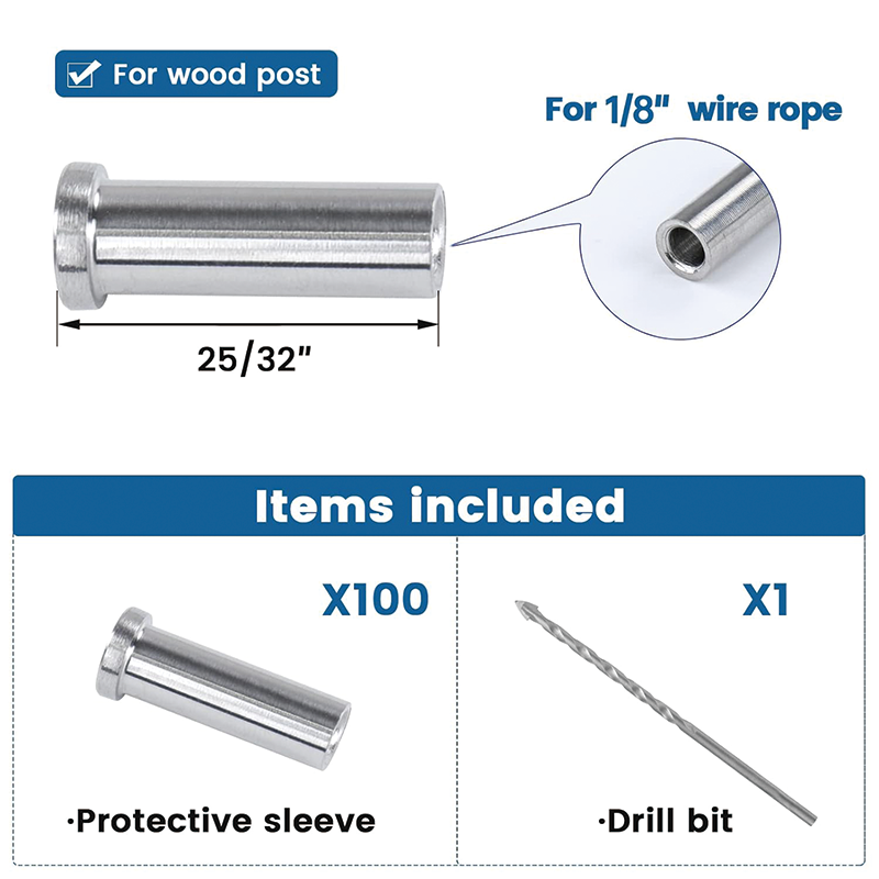 100PCS T316 Stainless Steel Protector Sleeves,Cable Railing Kit Hardware Cable Railing Protector Sleeve for 1/8" Wire Rope Wood Posts