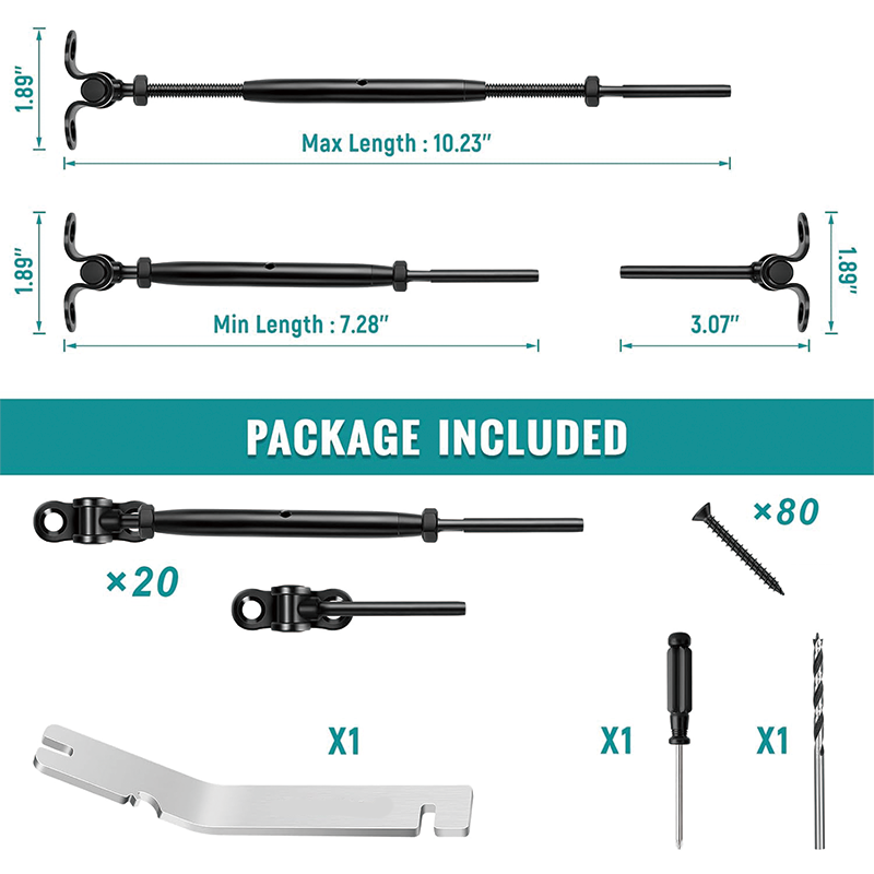 Black Cable Railing Kit,T316 Stainless Steel 180°Adjustable Angle,1/8” Swage Toggle Turnbuckle Hardware,for Wood Posts