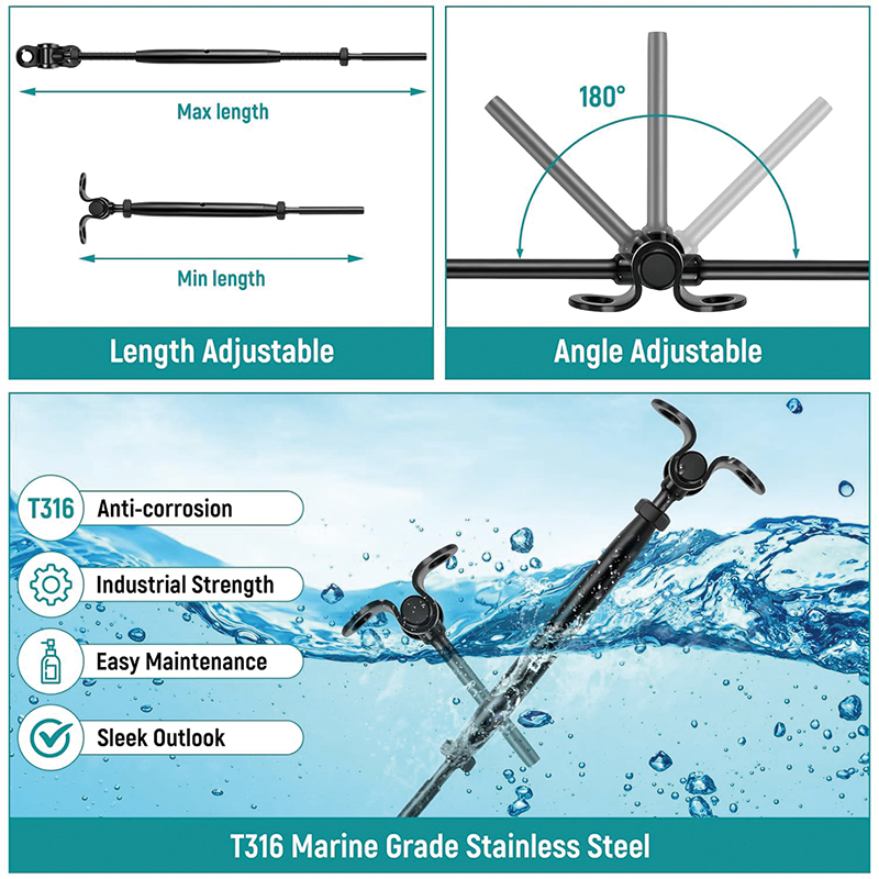 Black Cable Railing Kit,T316 Stainless Steel 180°Adjustable Angle,1/8” Swage Toggle Turnbuckle Hardware,for Wood Posts