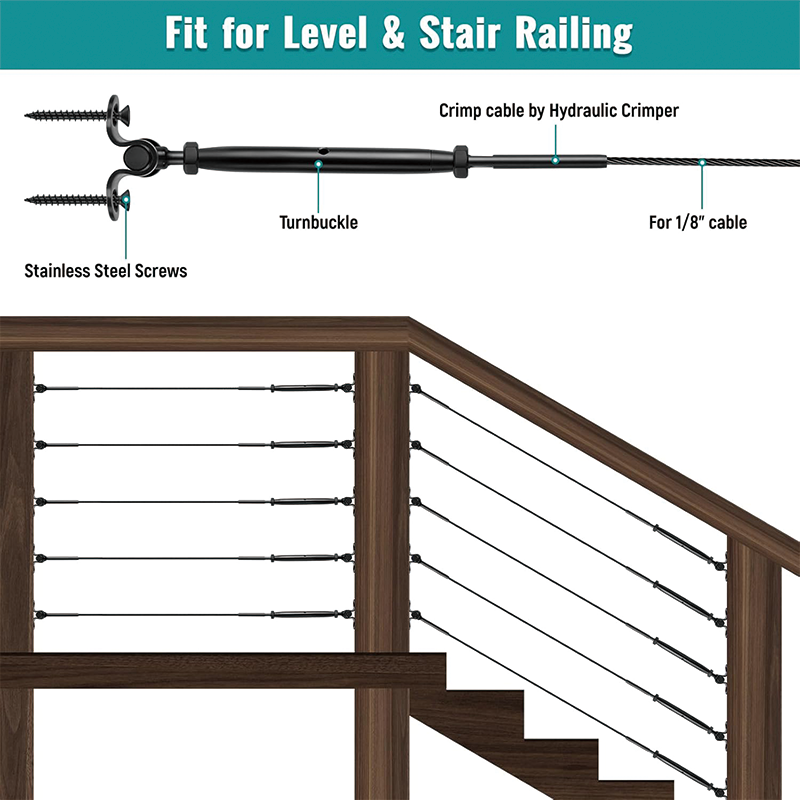 Black Cable Railing Kit,T316 Stainless Steel 180°Adjustable Angle,1/8” Swage Toggle Turnbuckle Hardware,for Wood Posts