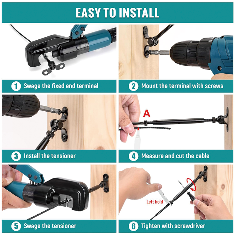 Black Cable Railing Kit,T316 Stainless Steel 180°Adjustable Angle,1/8” Swage Toggle Turnbuckle Hardware,for Wood Posts