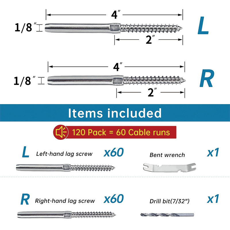 120Pack 1/8" Cable Railing Swage Threaded Stud Tension End Fitting Terminal,T316 Stainless Steel,for Wood/Metal Post