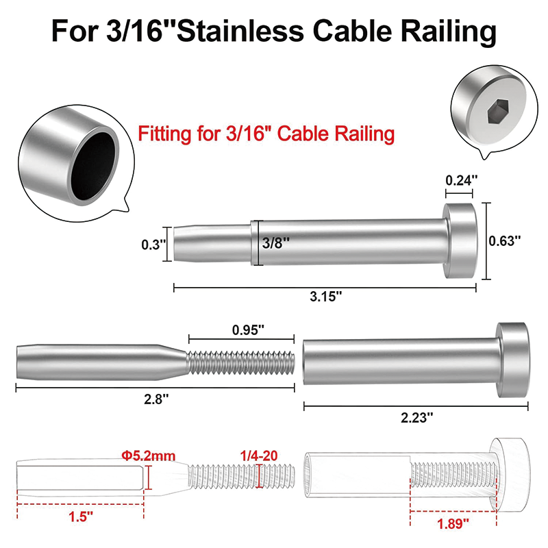 60 Pack 3/16" Invisible Cable Railing Kit,T316 Stainless Steel Protector Sleeves for 2"x2", 4"x4" Wood/Metal Posts,Silver