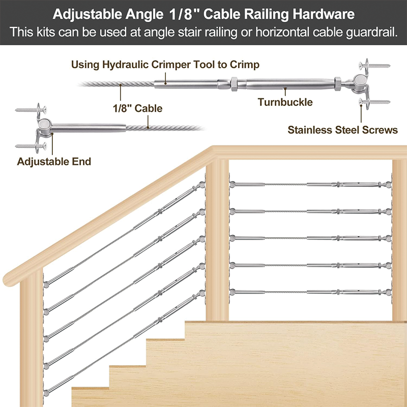 1/8" Cable Railing Hardware,T316 Stainless Steel Adjustable Angle Railing Cable Kits,Stair Cable Railing, Angle Cable Railing System (50 Pack)