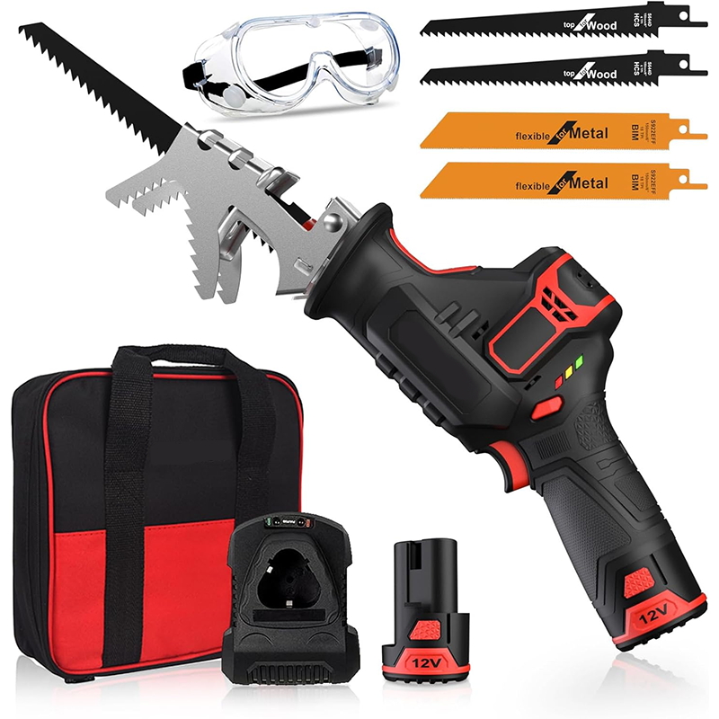 Cordless Reciprocating Saw, 3000SPM Speed, with Clamp, 2000 mAh Battery/1 Hour Fast Charge, Safety Gloves and Goggles, 4 Saw Blades for Wood/Metal/PVC