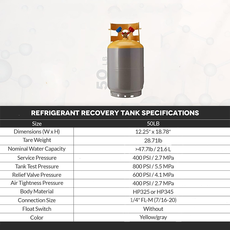Recovery Cylinder Refrigerant Recovery Canister, Collar Design for Easy Operation, 3/4" NPT Opening Powder Coated Pre-Charged Recovery Cylinder HVAC for CFC, HFC, HCFC, 50LB