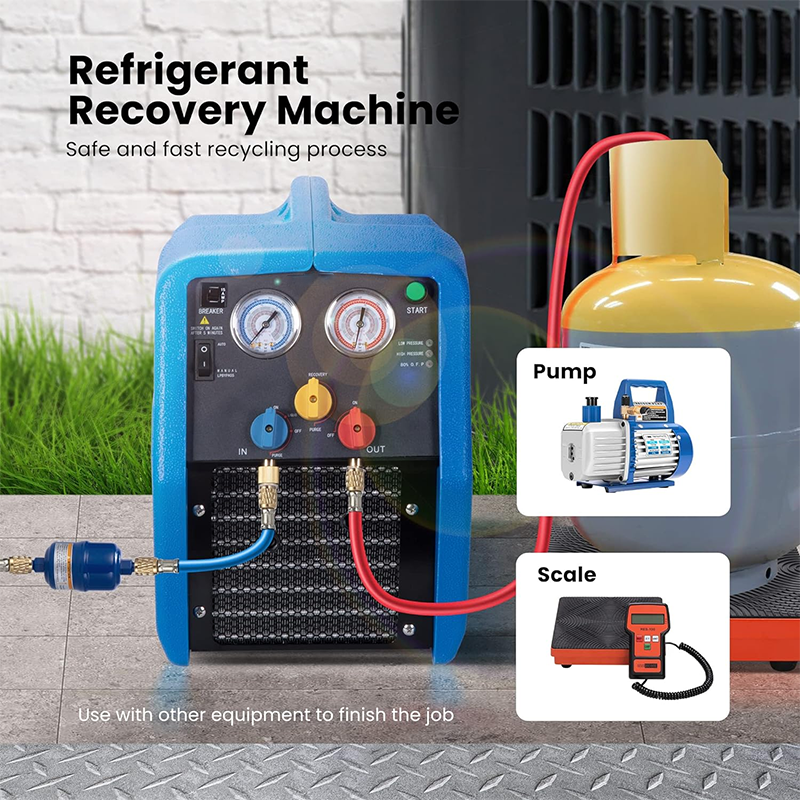 1 HP Twin Cylinder Portable Refrigerant Recovery Machine Oil-free Freon Recovery Unit for Vapor Liquid Refrigerants