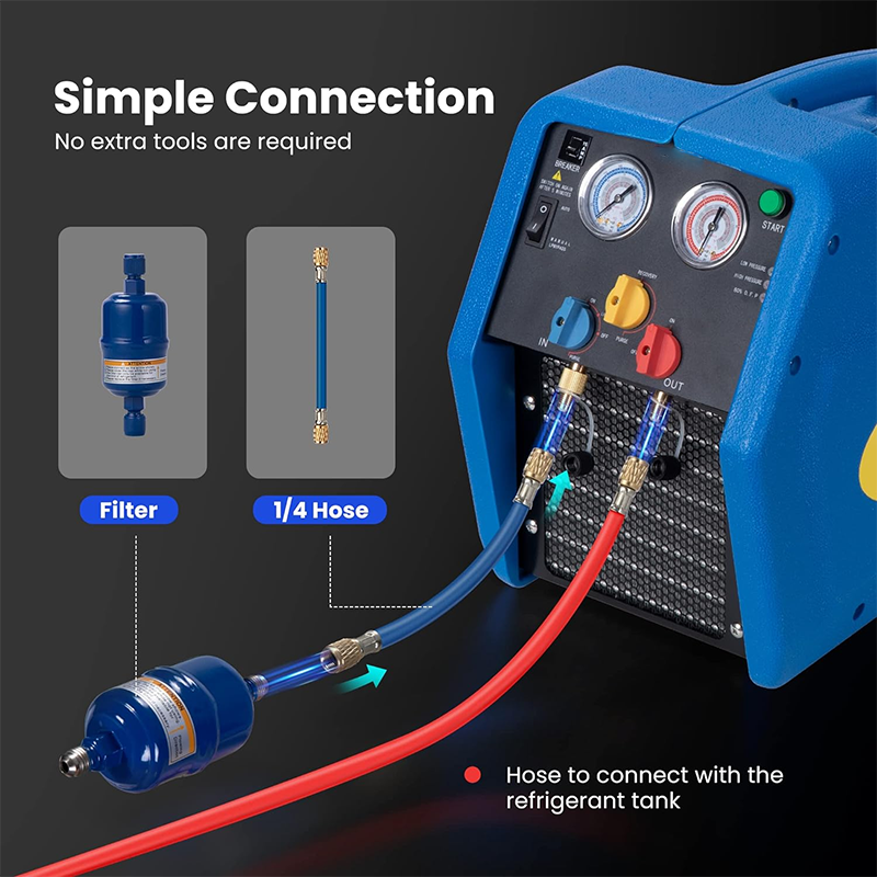 1 HP Twin Cylinder Portable Refrigerant Recovery Machine Oil-free Freon Recovery Unit for Vapor Liquid Refrigerants