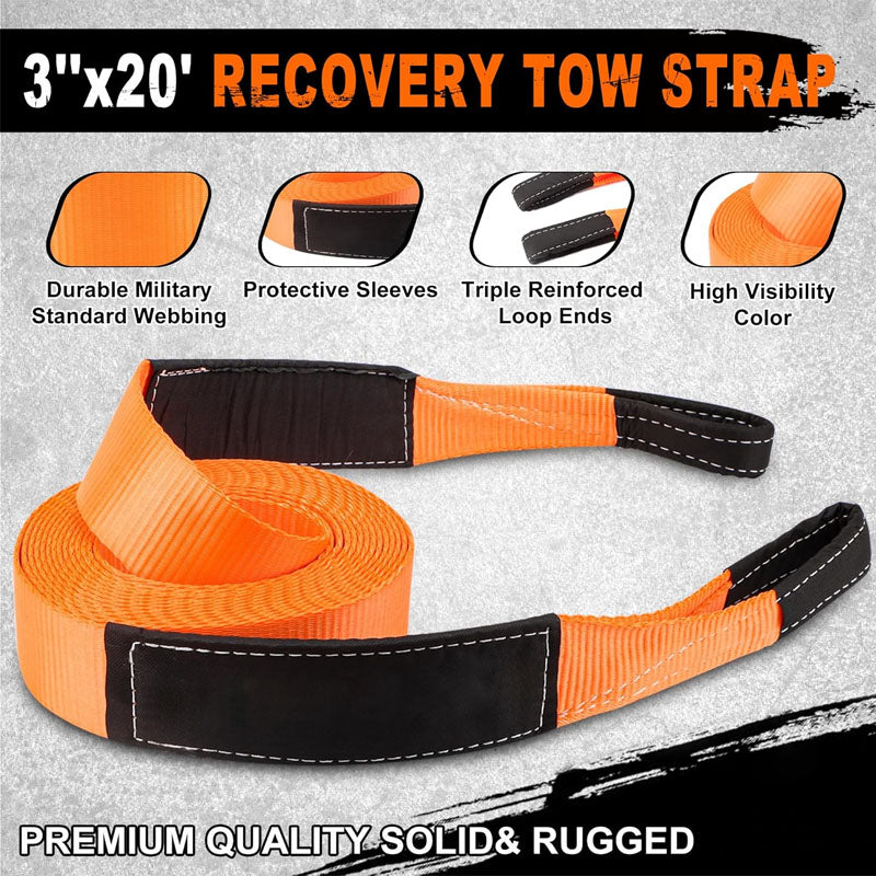 Heavy Duty Tow Strap Recovery Kit 3" x 20ft(35,000lbs) Tree Saver Winch Strap 3/4" D-Ring Shackles with Storage Bag