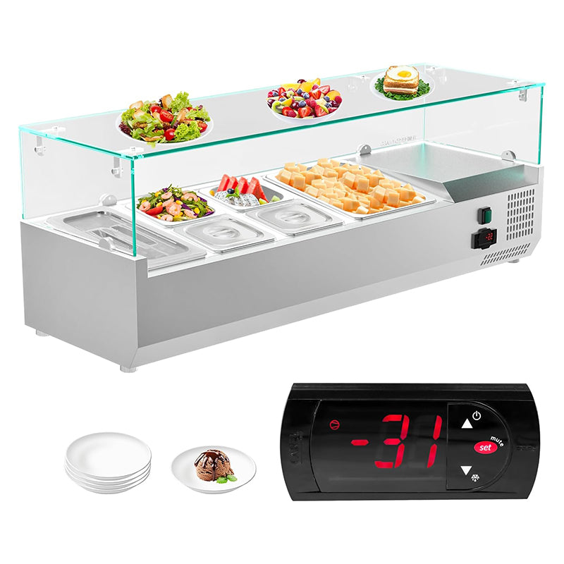 47inch 36Qt Salad Bar Condiment Prep Station Prep Table with 4 * 1/6 pans,1 * 1/3 pan,1 * 1/2 pan  Tempered Glass Shield Digital Temp Display