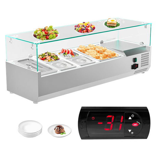 47inch 36Qt Salad Bar Condiment Prep Station Prep Table with 4 * 1/6 pans,1 * 1/3 pan,1 * 1/2 pan  Tempered Glass Shield Digital Temp Display