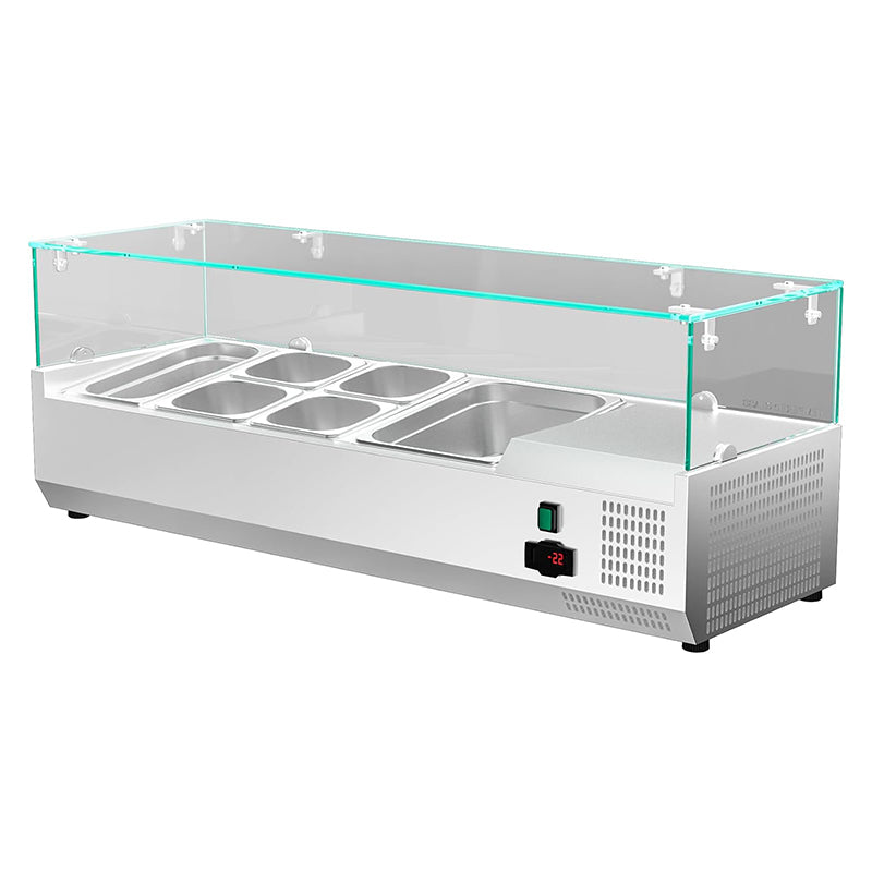 47inch 36Qt Salad Bar Condiment Prep Station Prep Table with 4 * 1/6 pans,1 * 1/3 pan,1 * 1/2 pan  Tempered Glass Shield Digital Temp Display