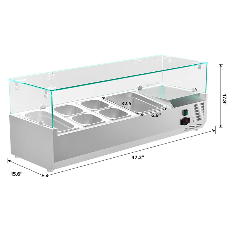 47inch 36Qt Salad Bar Condiment Prep Station Prep Table with 4 * 1/6 pans,1 * 1/3 pan,1 * 1/2 pan  Tempered Glass Shield Digital Temp Display