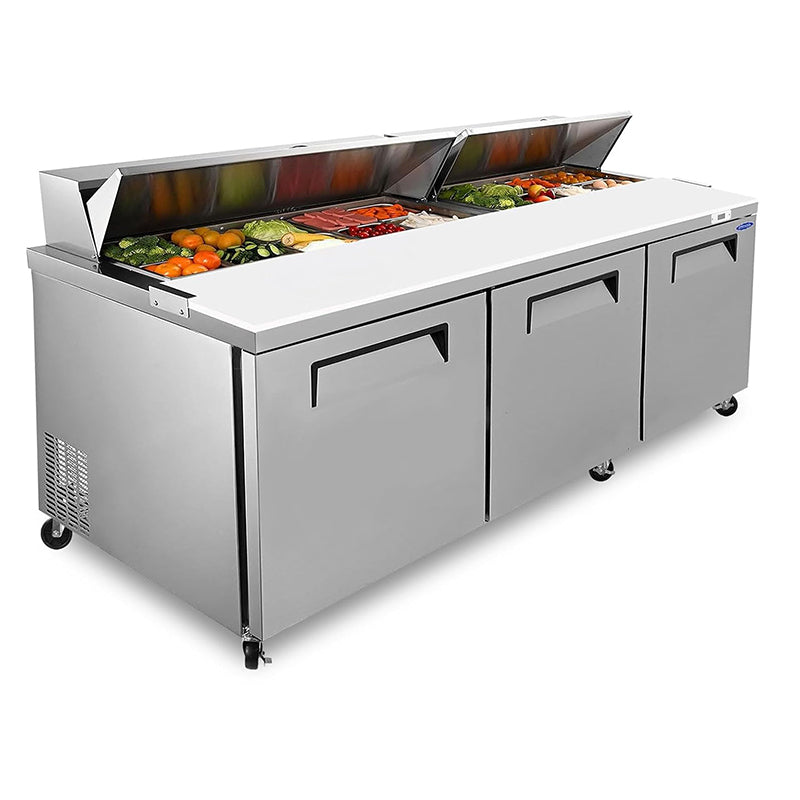 72" 20.0 Cu. Ft Commercial Refrigerator Prep Table Stainless Steel Refrigerated Food Prep Station with 18 Pans 3 Door Worktop Fridge for Restaurant