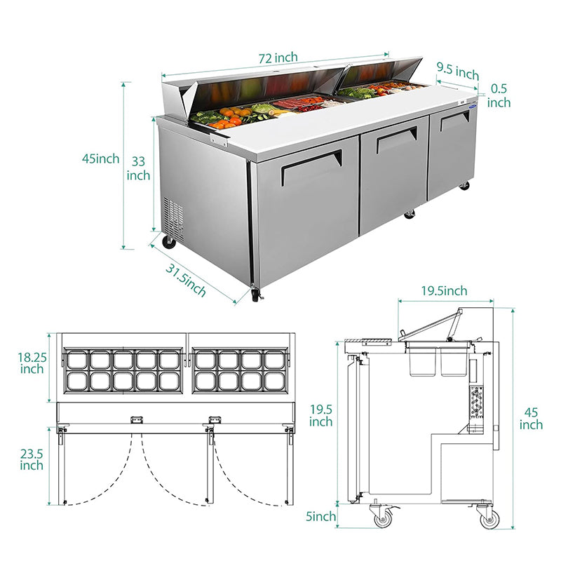 72" 20.0 Cu. Ft Commercial Refrigerator Prep Table Stainless Steel Refrigerated Food Prep Station with 18 Pans 3 Door Worktop Fridge for Restaurant