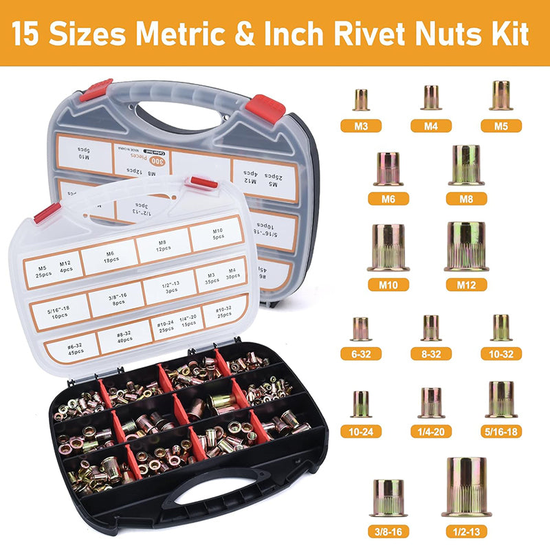 16'' Rivet Nut Tool Kit Rivnut Hand Tool Set with 15PCS Metric & Inch Mandrels M3 to M12, 6-32 to 1/2-13 and 300PCS Rivet Nuts Assortment