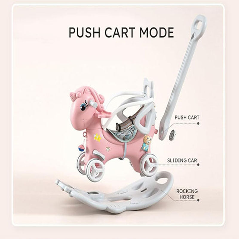 4-in-1 Rocking Horse for Toddlers 1-4 Years Old with Detachable Balance Board Push Handle and 4 Smooth Wheels Pink