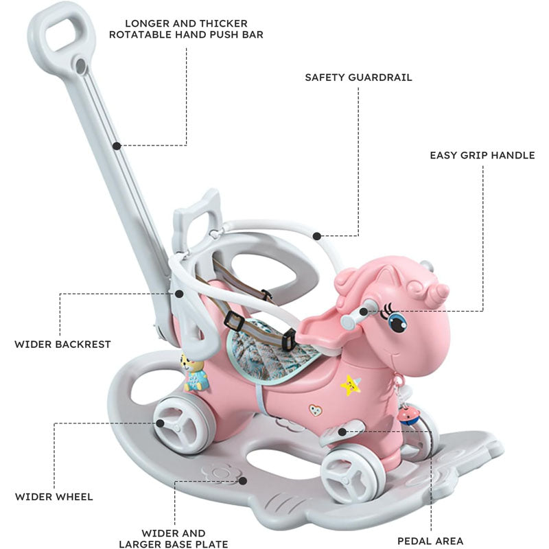 4-in-1 Rocking Horse for Toddlers 1-4 Years Old with Detachable Balance Board Push Handle and 4 Smooth Wheels Pink