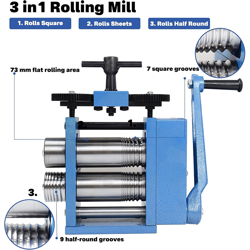 Rolling Mill, 3 in 1 Light Duty Roller Machine with Hand Crank for Pressing Gold, Silver and Copper Metals into Various Sizes of Jewelry Sheets, Square and Half Round Wires