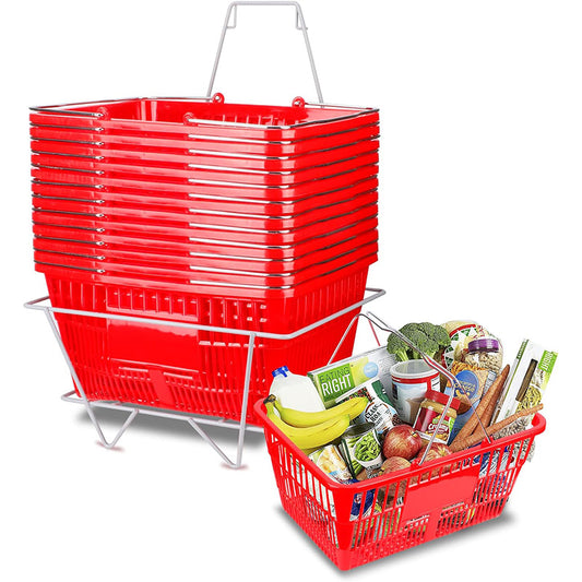5.6 Gal Capacity Grocery Basket 16.9" x 11.8" 12Set Shopping Basket with Cast-Iron Handles and Stand for Retail Store, Convenience Store, Farmers Market