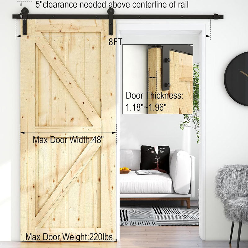 8FT Sliding  Door Hardware Kit for Single Wood Door Fit 3.7-4.3FT Wide and 1.3"-1.8" Thick Door Panel