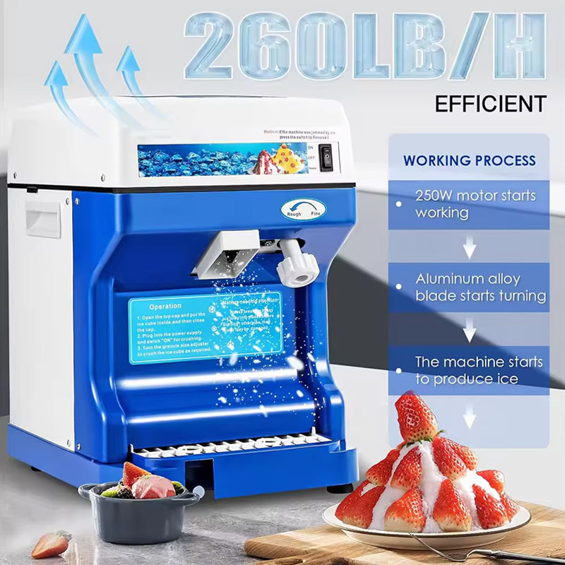 Commercial Ice Shaver Machine Electric Ice Cube Crusher Snow Cone Maker Thickness Adjustable 265lb/h For Small Ice Cubes Summer Parties Bar Use