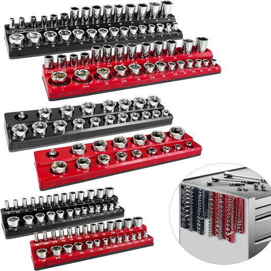 6-Piece Magnetic Socket Organizer Set  1/4" 3/8" 1/2" Drive Magnetic Sockets Trays Holds 143pcs SAE & Metric