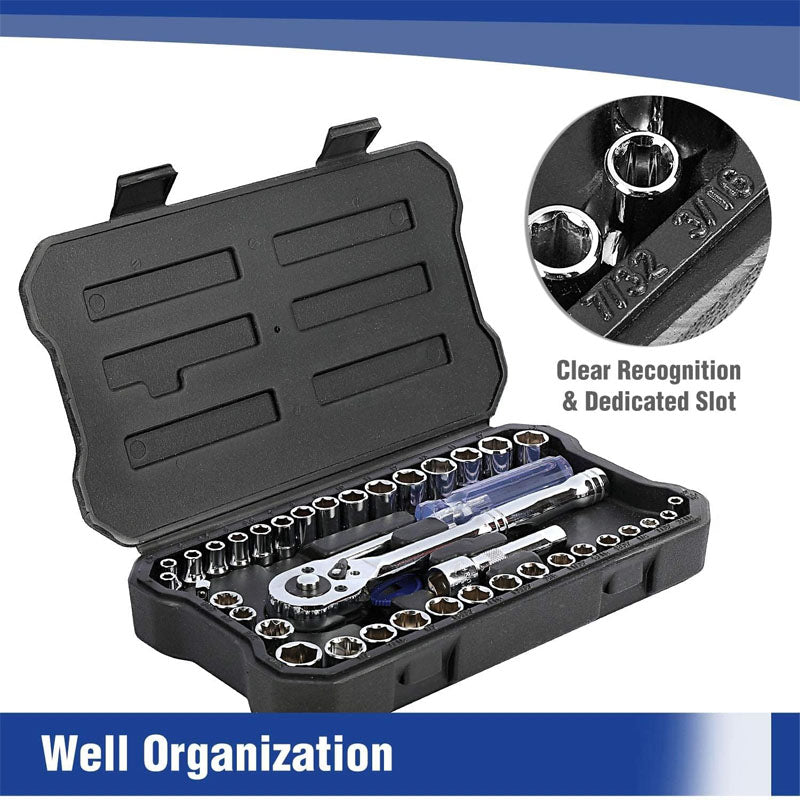 39-Piece Socket Wrenches Set 1/4''3/8'' with Quick-Release Ratchet Wrench  CR-V Metric and Imperial Sockets