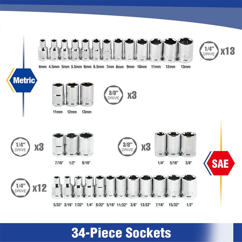 39-Piece Socket Wrenches Set 1/4''3/8'' with Quick-Release Ratchet Wrench  CR-V Metric and Imperial Sockets