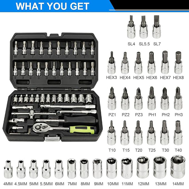 46 Pieces Socket Wrenches 1/4 Inch Drive Industrial Grade Socket Ratchet Wrench Set With Thickened Storage Case