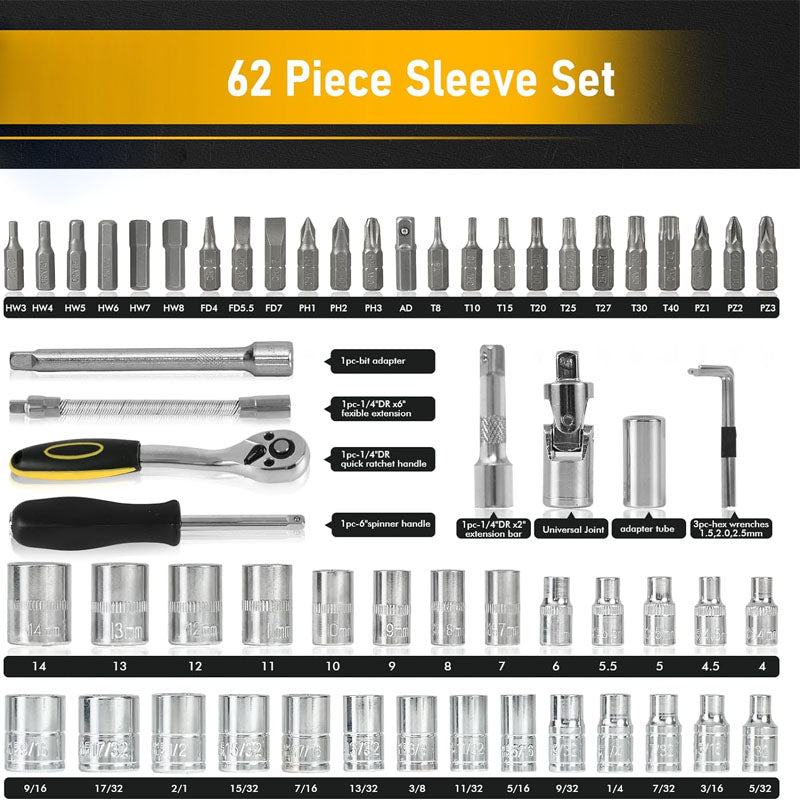 62pcs 1/4-Inch Drive Socket Ratchet Wrench Set With 72 Tooth count Ratchet SAE & Metric From 5/32" - 9/16 " 4mm - 14mm