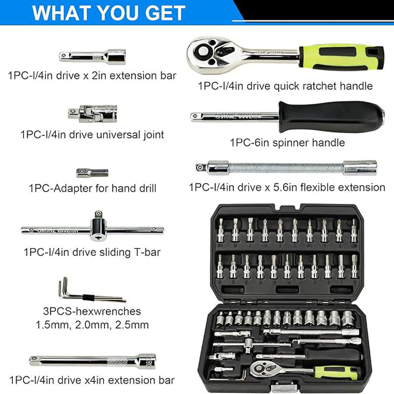46 Pieces Socket Wrenches 1/4 Inch Drive Industrial Grade Socket Ratchet Wrench Set With Thickened Storage Case