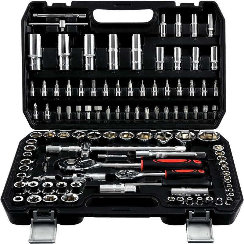 108-Piece Socket Wrench Set 1/4" & 1/2" Drive with Long Extension Bars Combination Wrench Hex Wrenches Accessories Storage Case