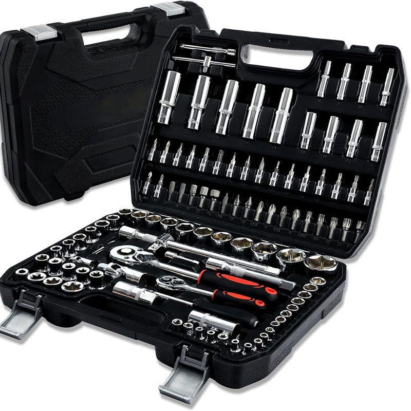 108-Piece Socket Wrench Set 1/4" & 1/2" Drive with Long Extension Bars Combination Wrench Hex Wrenches Accessories Storage Case