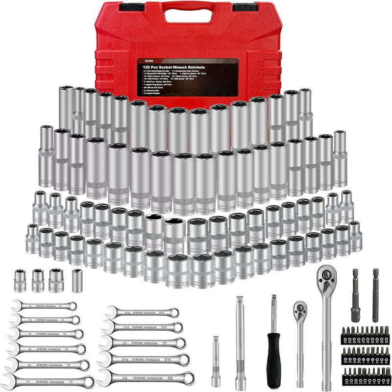 122Pcs 1/4" & 3/8” Socket & Socket Wrench Sets Ratchet Socket Wrench Set with Extention Bar Adapter Screw Bits Drive Bit Holder Spark Plug Socket CR-V