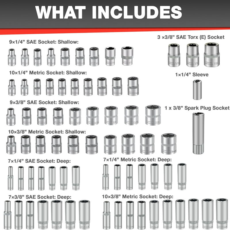 122Pcs 1/4" & 3/8” Socket & Socket Wrench Sets Ratchet Socket Wrench Set with Extention Bar Adapter Screw Bits Drive Bit Holder Spark Plug Socket CR-V