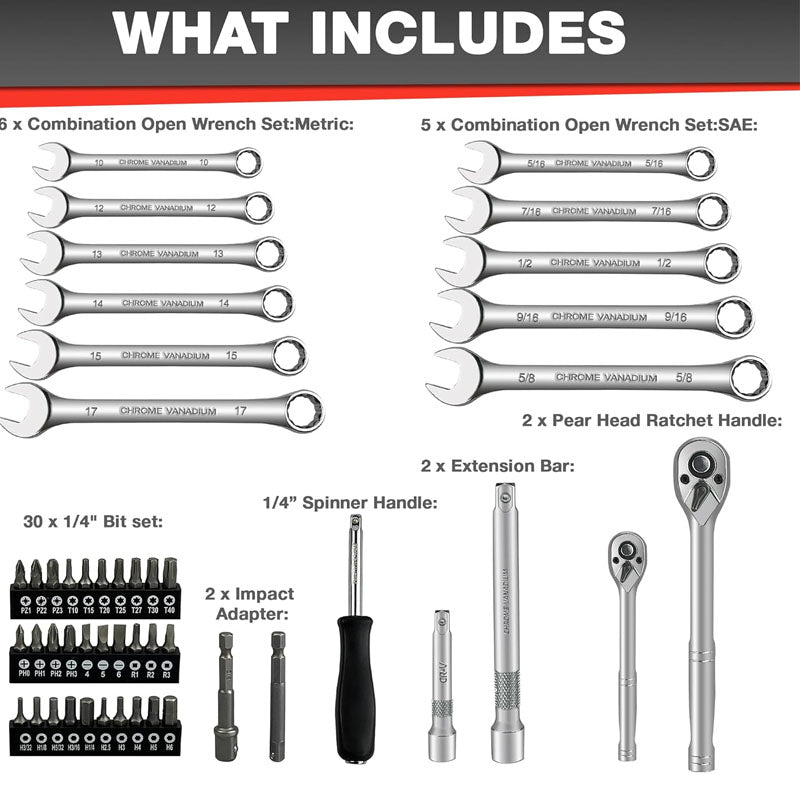 122Pcs 1/4" & 3/8” Socket & Socket Wrench Sets Ratchet Socket Wrench Set with Extention Bar Adapter Screw Bits Drive Bit Holder Spark Plug Socket CR-V