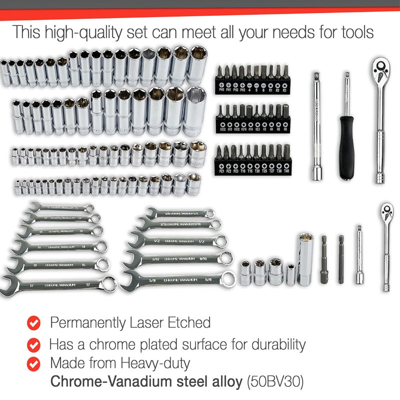 122Pcs 1/4" & 3/8” Socket & Socket Wrench Sets Ratchet Socket Wrench Set with Extention Bar Adapter Screw Bits Drive Bit Holder Spark Plug Socket CR-V