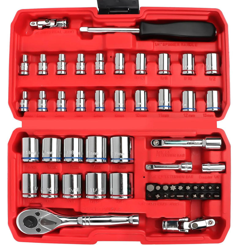 57Pcs Socket & Socket Wrench Sets 1/4'' & 3/8'' SAE (5/32"- 3/4") and Metric (4mm-19mm) CR-V Small Ratchet Set with Dual Head Wrench Handle