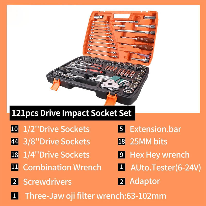 121 pcs 1/4" 3/8" 1/2" Socket & Socket Wrench Sets Mechanic Tool Set with 72 Ratchet Wrench  for Home and Auto Repair