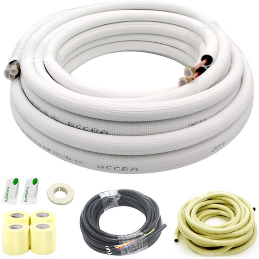 33FT Mini Split Line Set 1/4" & 1/2" O.D or 3/8" Copper Pipes Tubing and 3/8" White Thickened PE Insulation Coil  for Air Conditioning or Heating Pump Equipment & HVAC with Rich Accessories