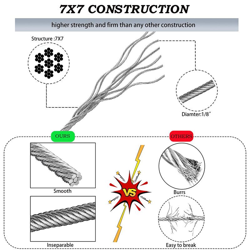 1/8" Stainless Steel Cable 100FT Wire Rope 7x7 Strand Core Metal Wire for Deck Railing System,Garden Fence,Wire Aircraft Cable